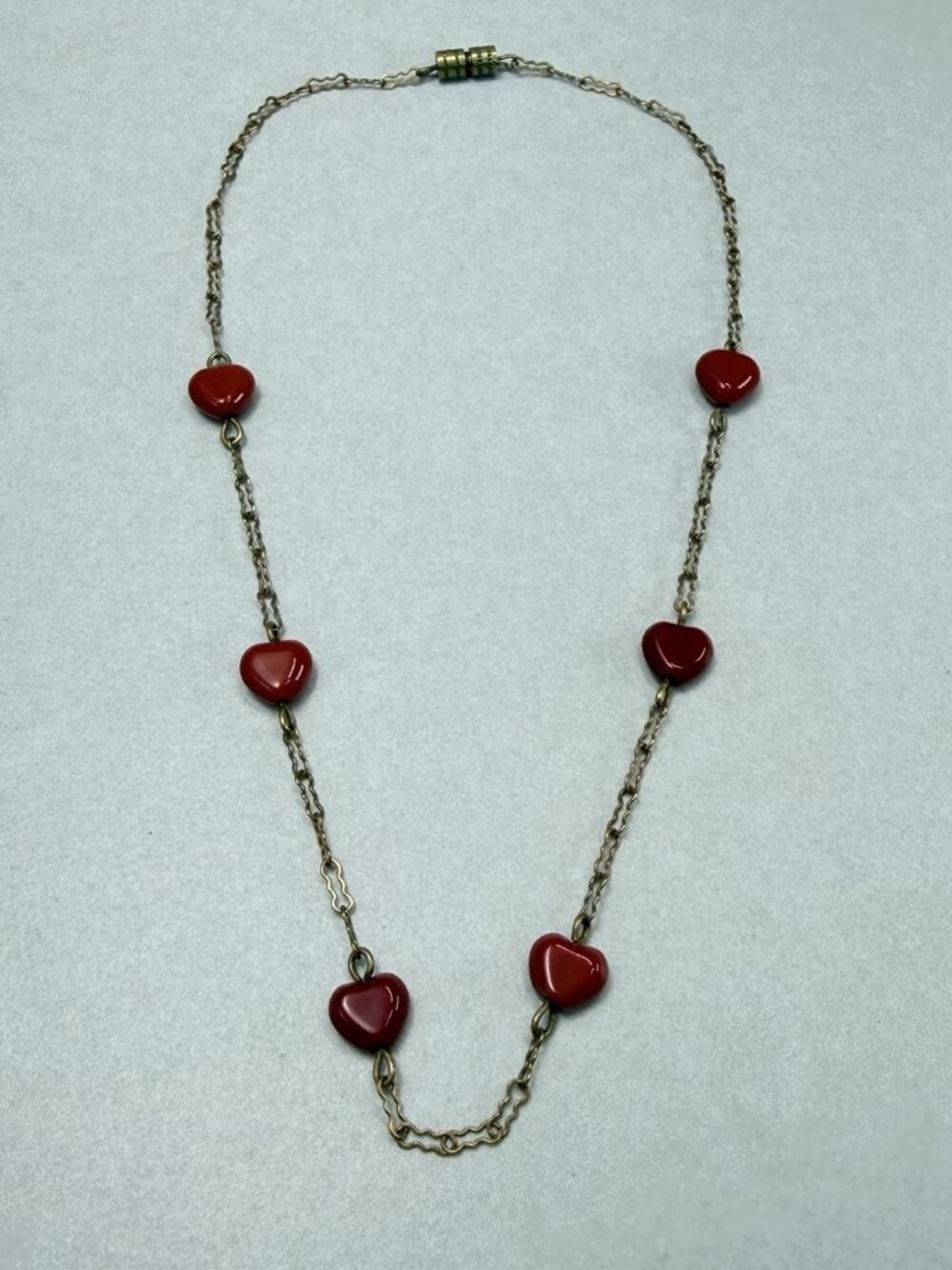 Vintage Red Glass Heart Necklace Gold Tone Girls Chain 14.5" Cute Dainty